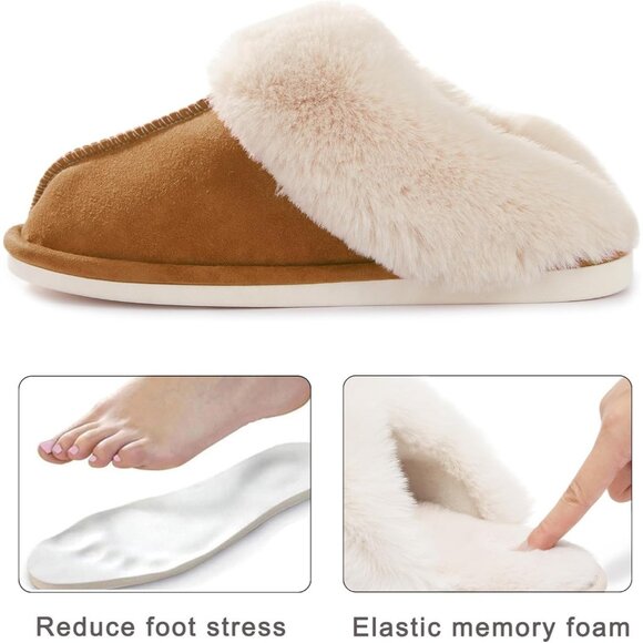 Women's Brown Fluffy Cozy Winter Warm Plush Memory Foam Slip On Slippers Shoes - Picture 6 of 6